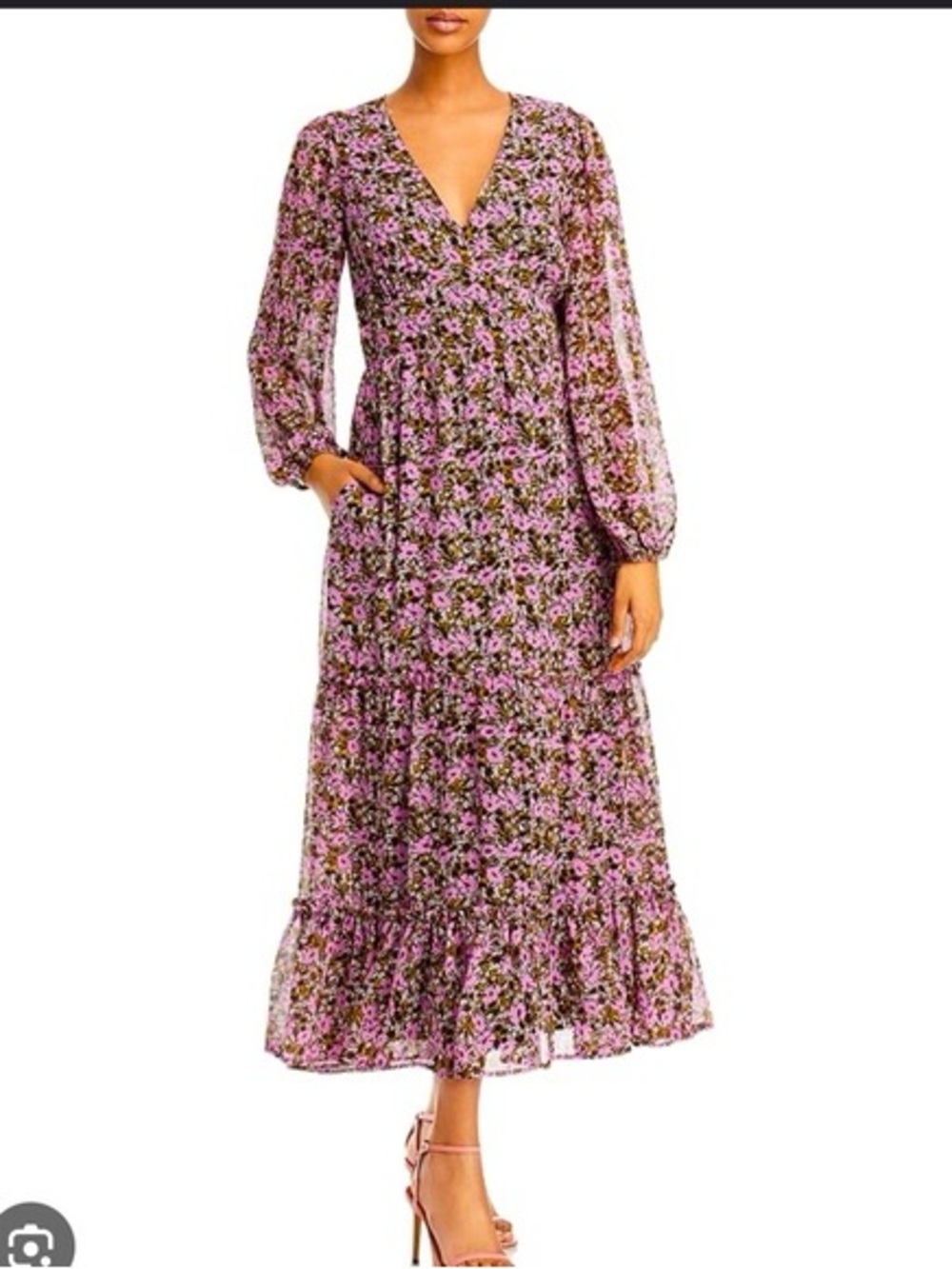 Lost + Wander Pink Floral V-Neck Tiered Maxi Dress